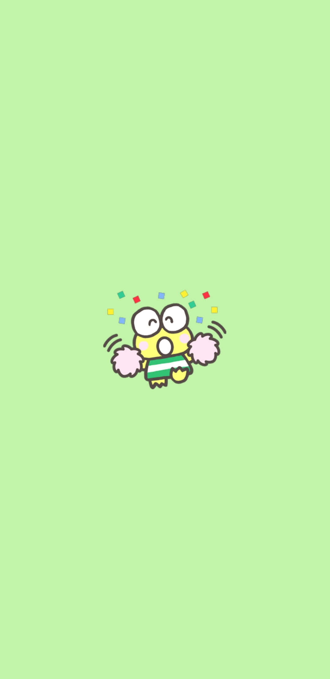 Cheerful 桌布 壁紙 — 一隻開心嘅卡通青蛙啦啦隊員，手持彩球同紙碎，背景係純淺綠色。