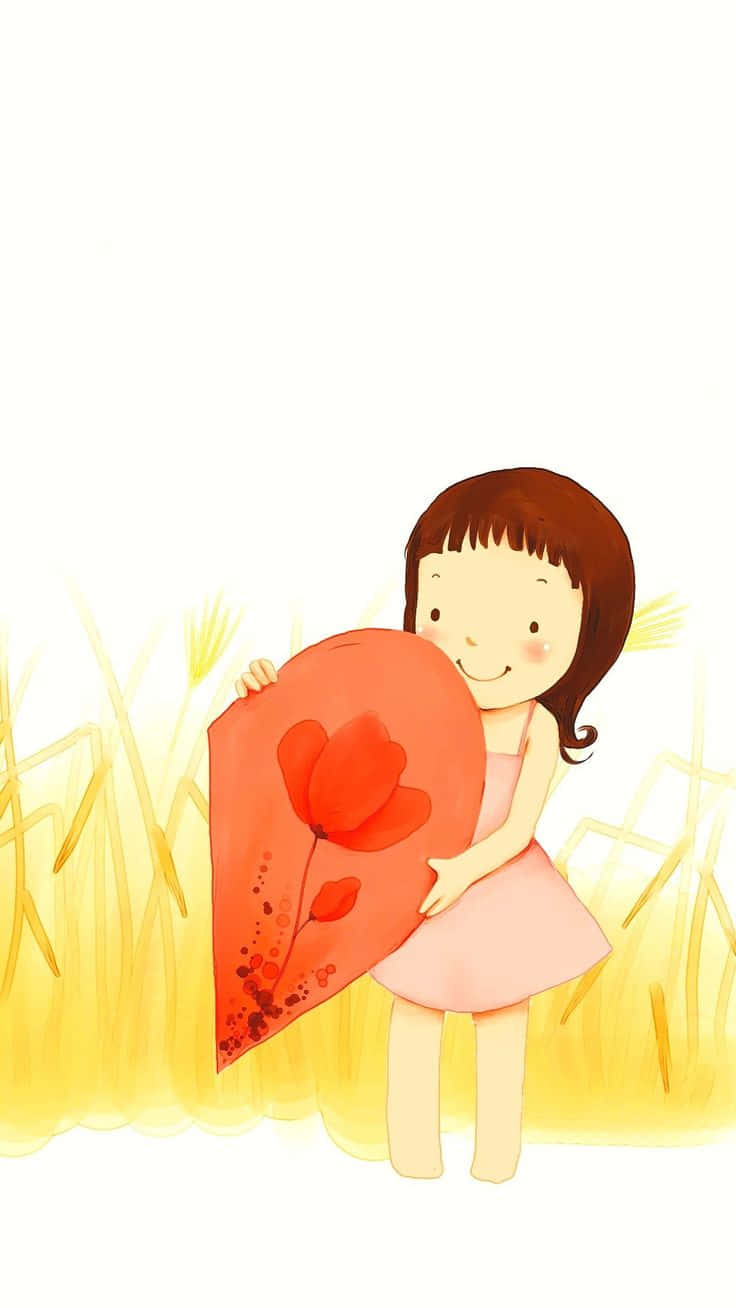 一個微笑的女孩穿著粉紅色連衣裙在麥田裡拿著一個帶有罌粟花的紅心。 — 粉紅色心形動圖 壁紙