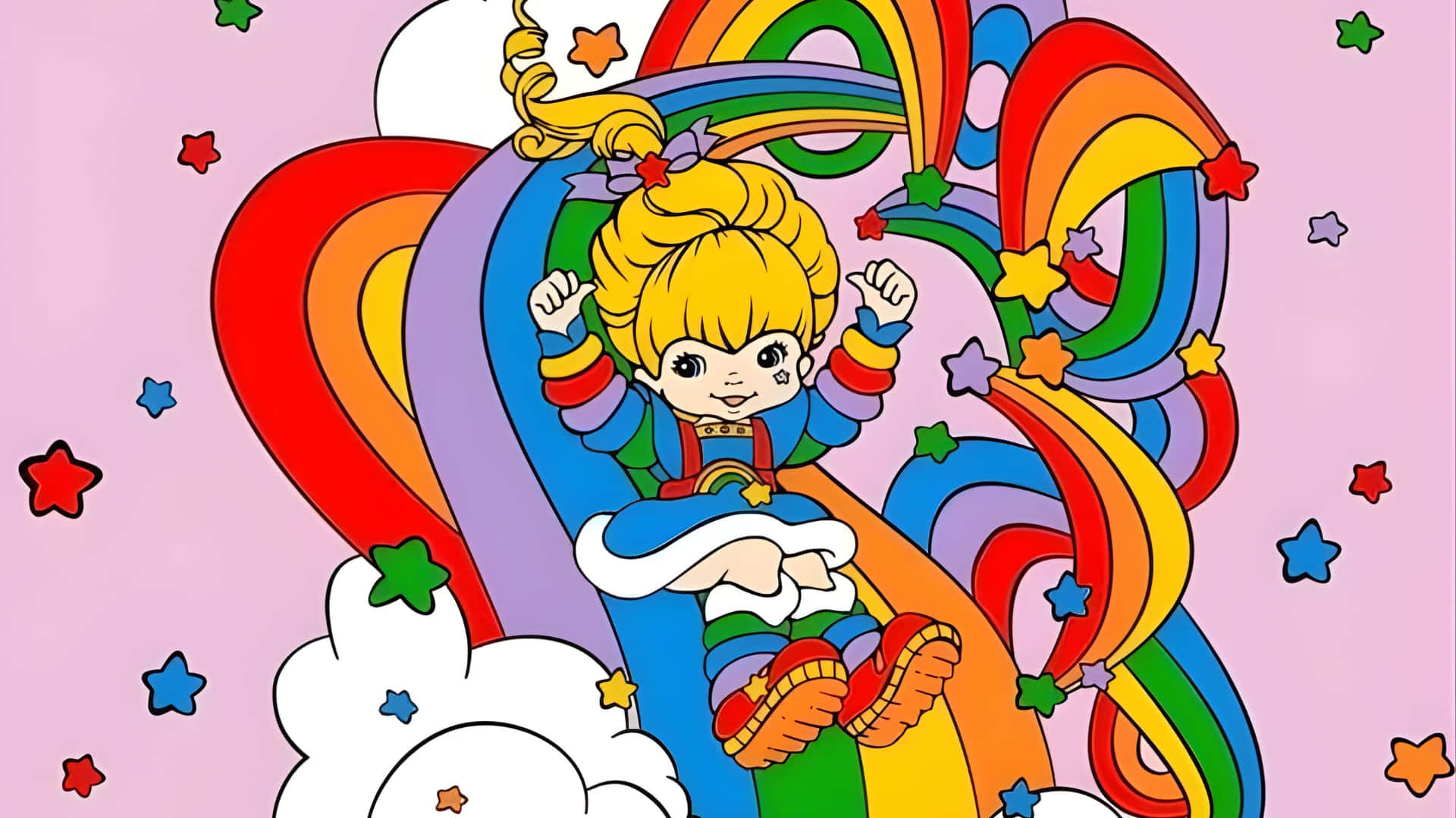  壁紙 — 一個開心的卡通女孩，金髮，坐在旋轉的彩虹和星星上，背景是粉彩粉紅色的天空。