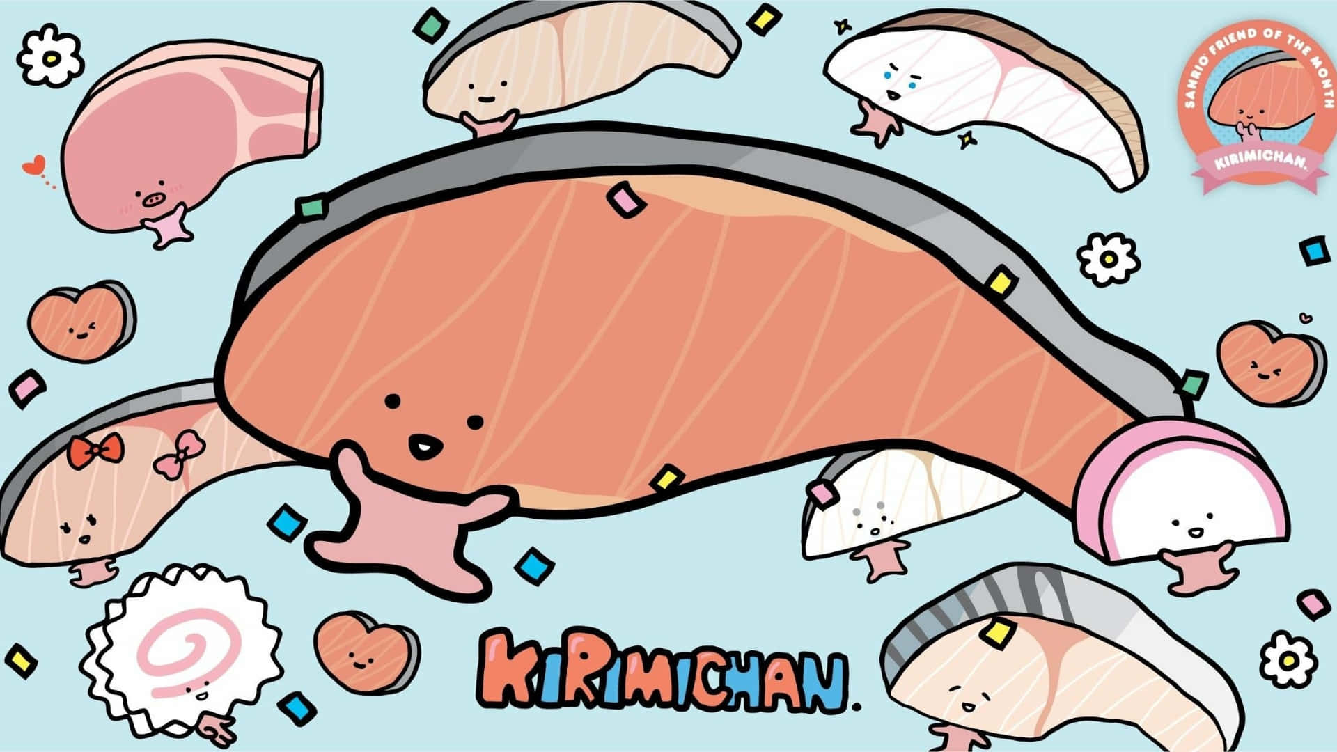  壁紙 — 一條開心嘅卡通三文魚，周圍漂浮住微笑嘅魚片同肉塊，背景係淺藍色。