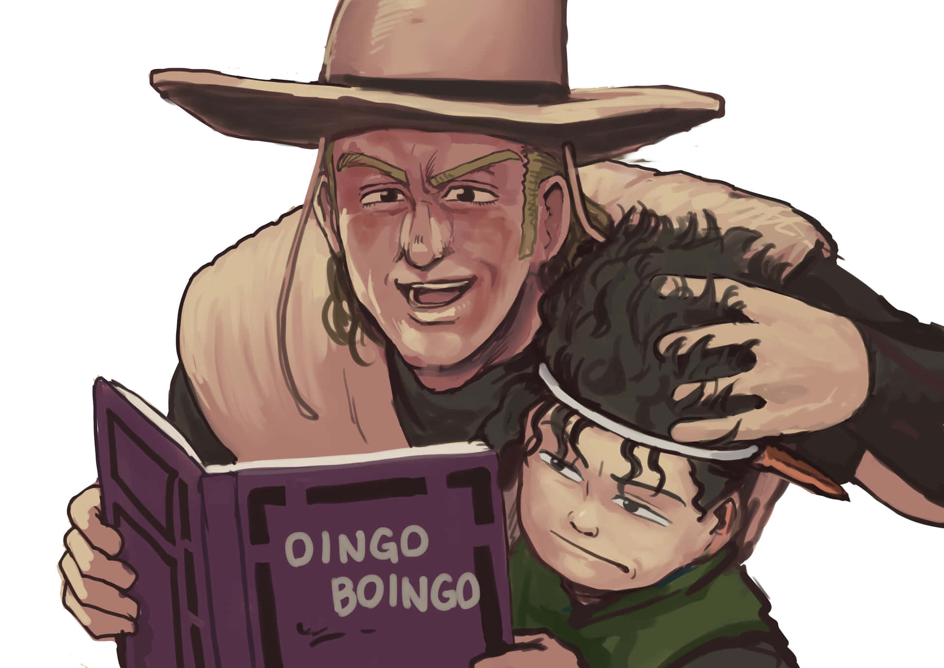  壁紙 — 一個開心的牛仔正在讀一本名為 Oingo Boingo 的紫色書給一個戴著頭帶、脾氣暴躁的小孩聽。