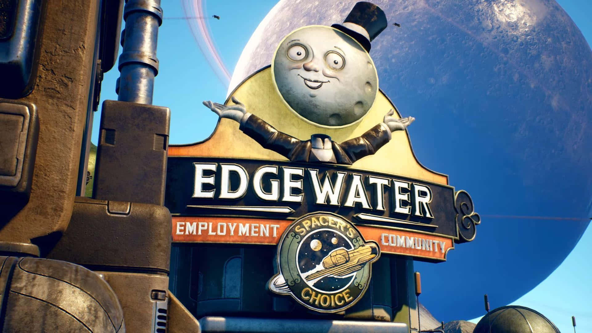  壁紙 — 一個戴高帽的開心月亮吉祥物歡迎訪客來到Edge Water，一個以太空為主題的就業社區標誌，背景是藍色星球。