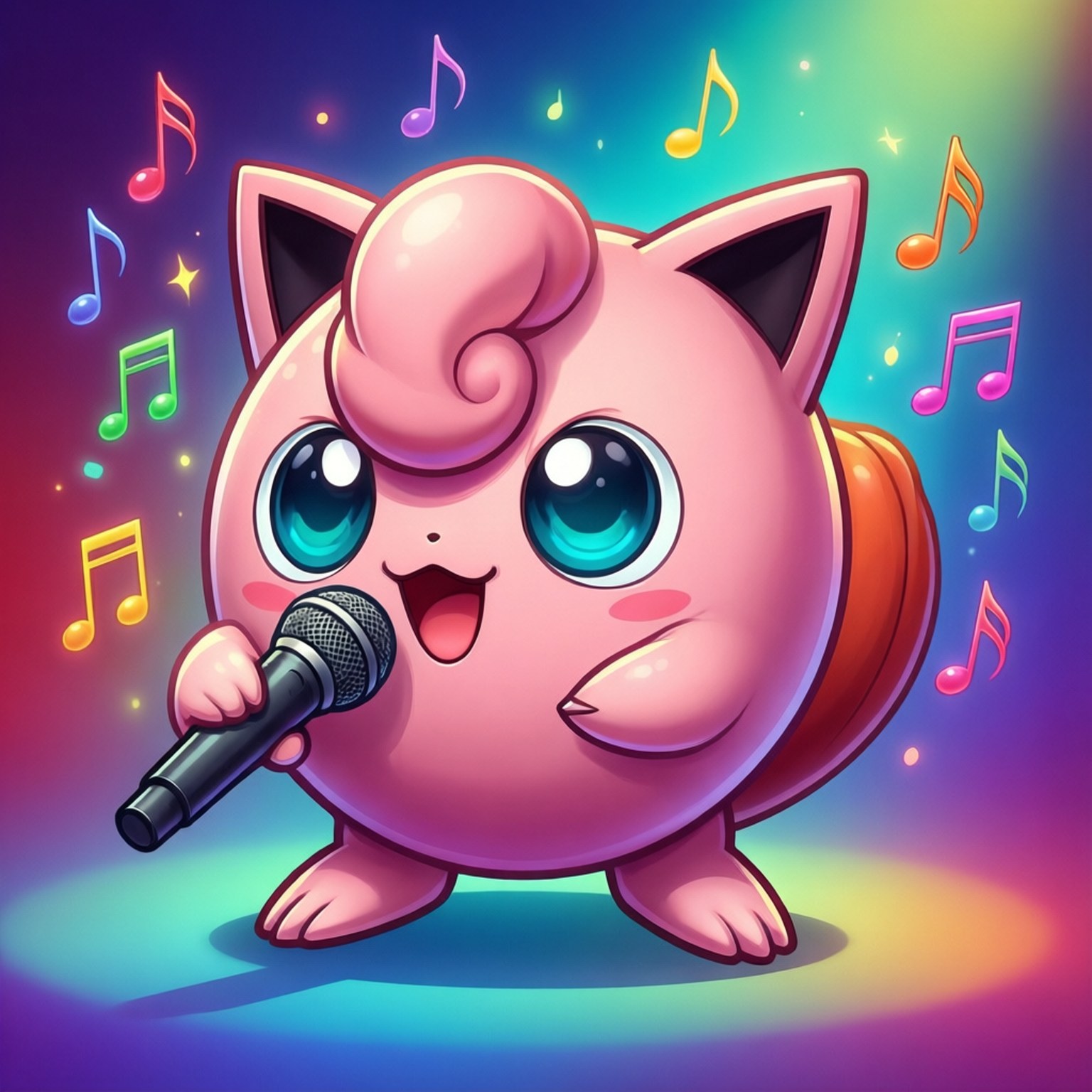 粉紅色Jigglypuff在彩虹舞台上唱歌，音符在它周圍飄浮。