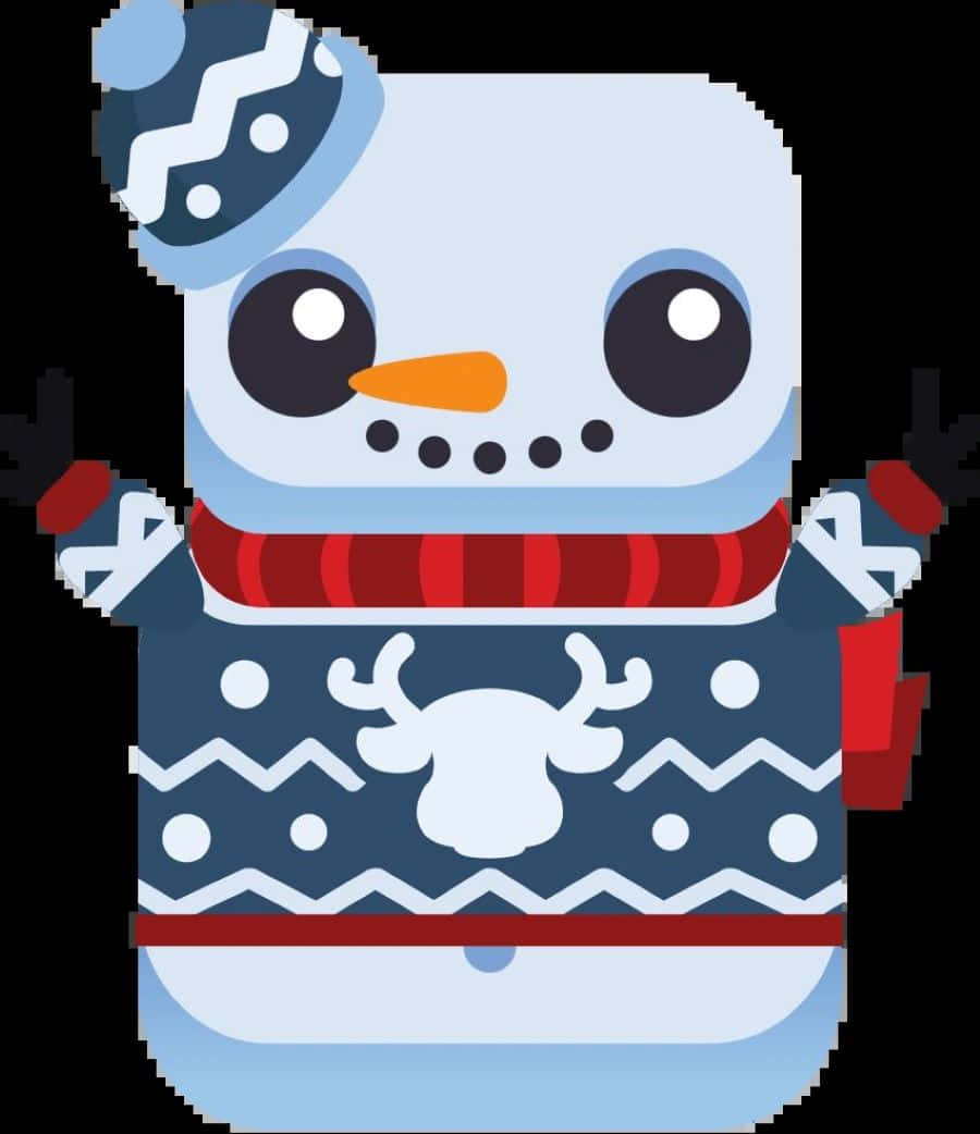  壁紙 — 一個快樂的像素藝術雪人，戴著藍色帽子和紅色圍巾，穿著馴鹿毛衣。