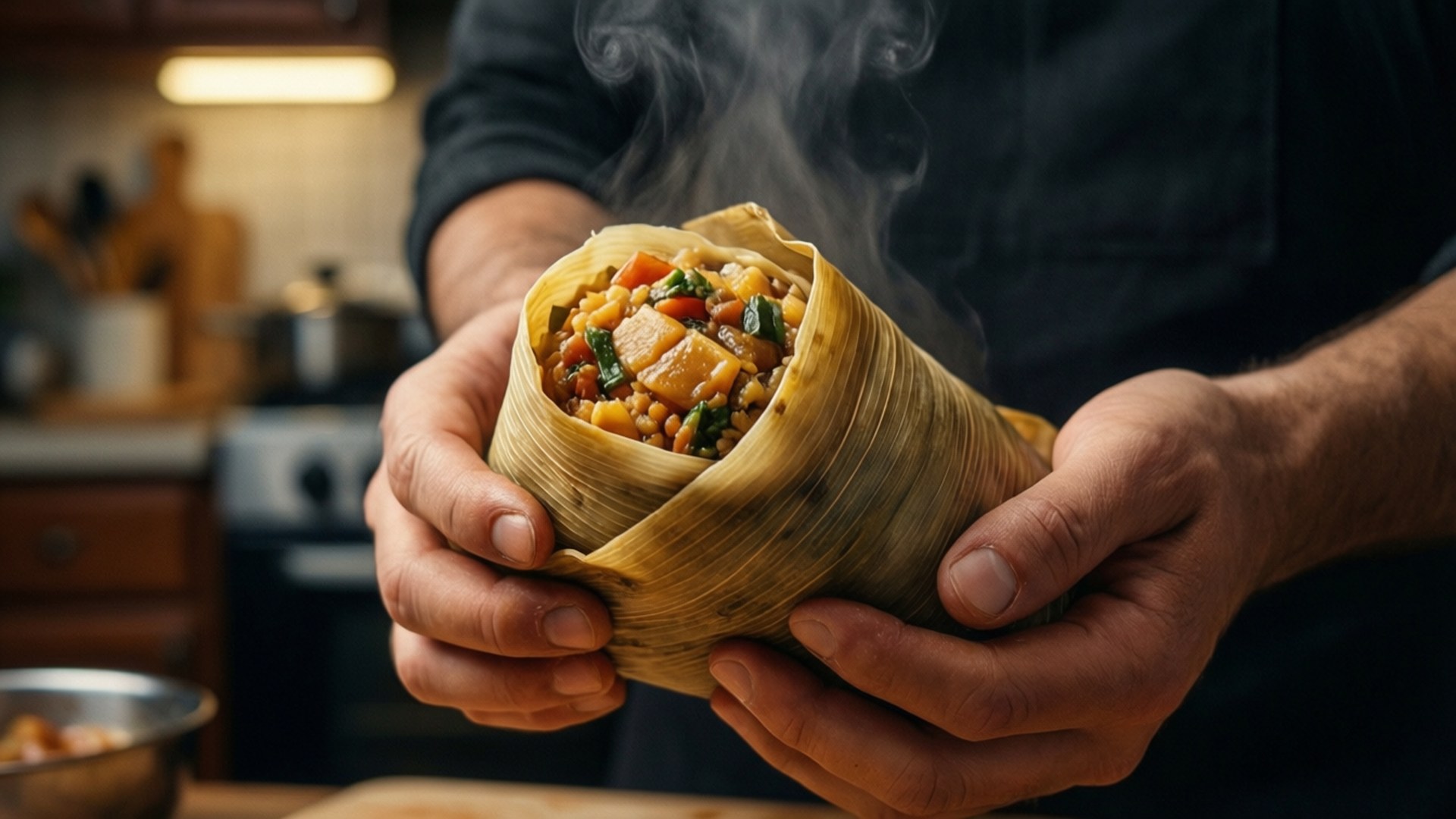Tamales 桌布 壁紙 — 廚師呈上一個用玉米殼包裹、色彩繽紛、味道濃郁的蒸玉米粉糰。
