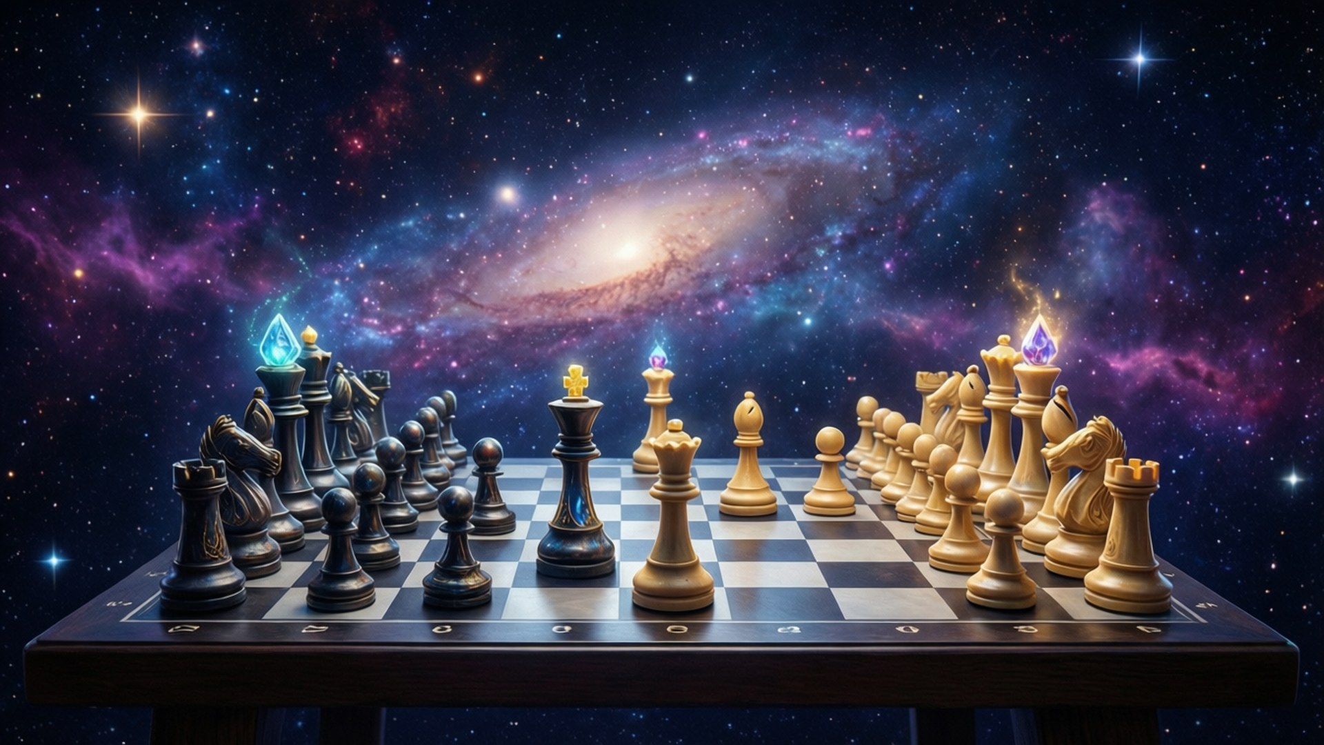 Cosmic Chess 壁紙 — 一個帶有發光國際象棋棋子的棋盤，背景是充滿活力的宇宙星系。