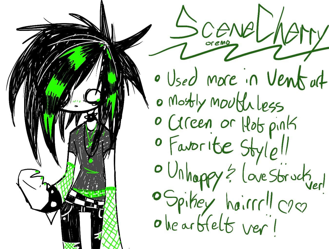Scene Kid 桌布 壁紙 — 一個黑綠髮的Q版動漫角色穿著綠色服裝，站在手寫風格筆記旁。