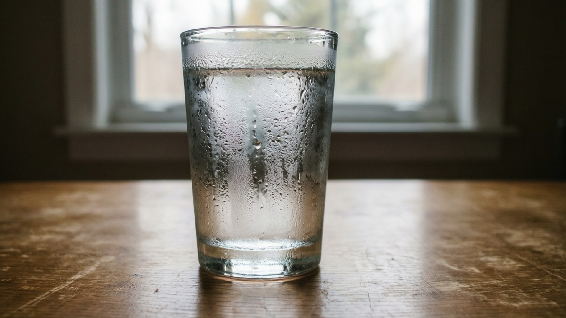 窗邊木桌上的冰水杯