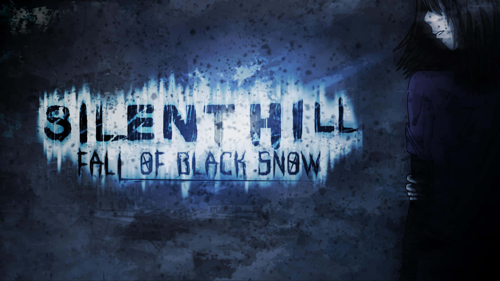 沉默之丘 桌布 壁紙 — Silent Hill Fall of Black Snow 的恐怖遊戲標題卡，黑暗中有一個陰影人物。