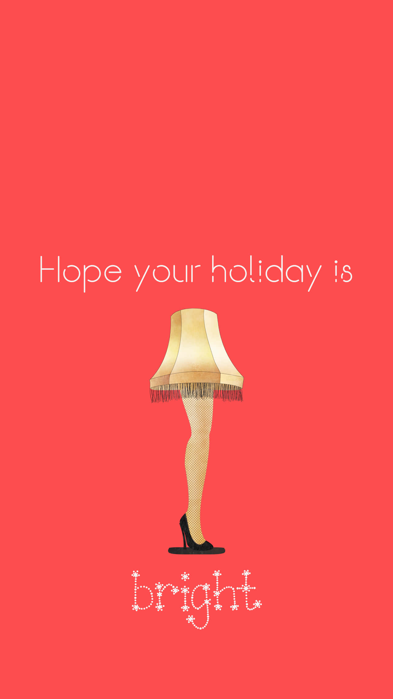 《A Christmas Story》腿燈聖誕問候 壁紙 — 節日插圖，一盞有腿和高跟鞋的燈，珊瑚色背景，附有節日文字。