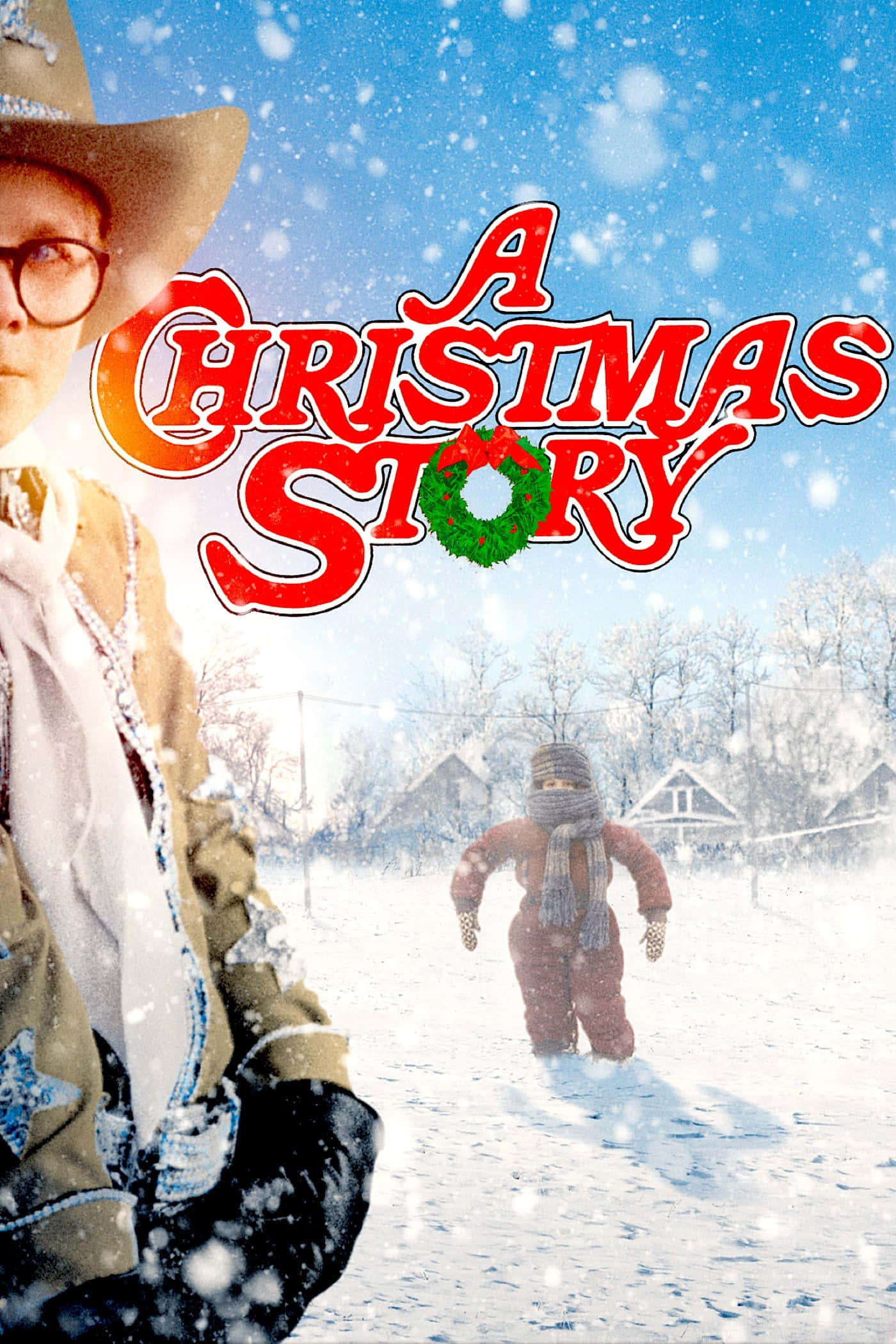 《A Christmas Story》——為聖誕節帶來歡樂與幸福 壁紙 — 一個戴著牛仔帽和眼鏡的男孩站在雪地裏，另一個孩子穿著冬季裝備在飄雪中走開。