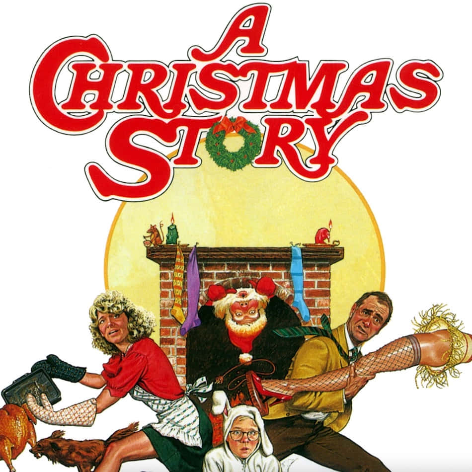 《A Christmas Story》復古海報 壁紙 — 一個混亂的聖誕場景，A Christmas Story 的角色從壁爐中爆發出來，背景是黃色的太陽。