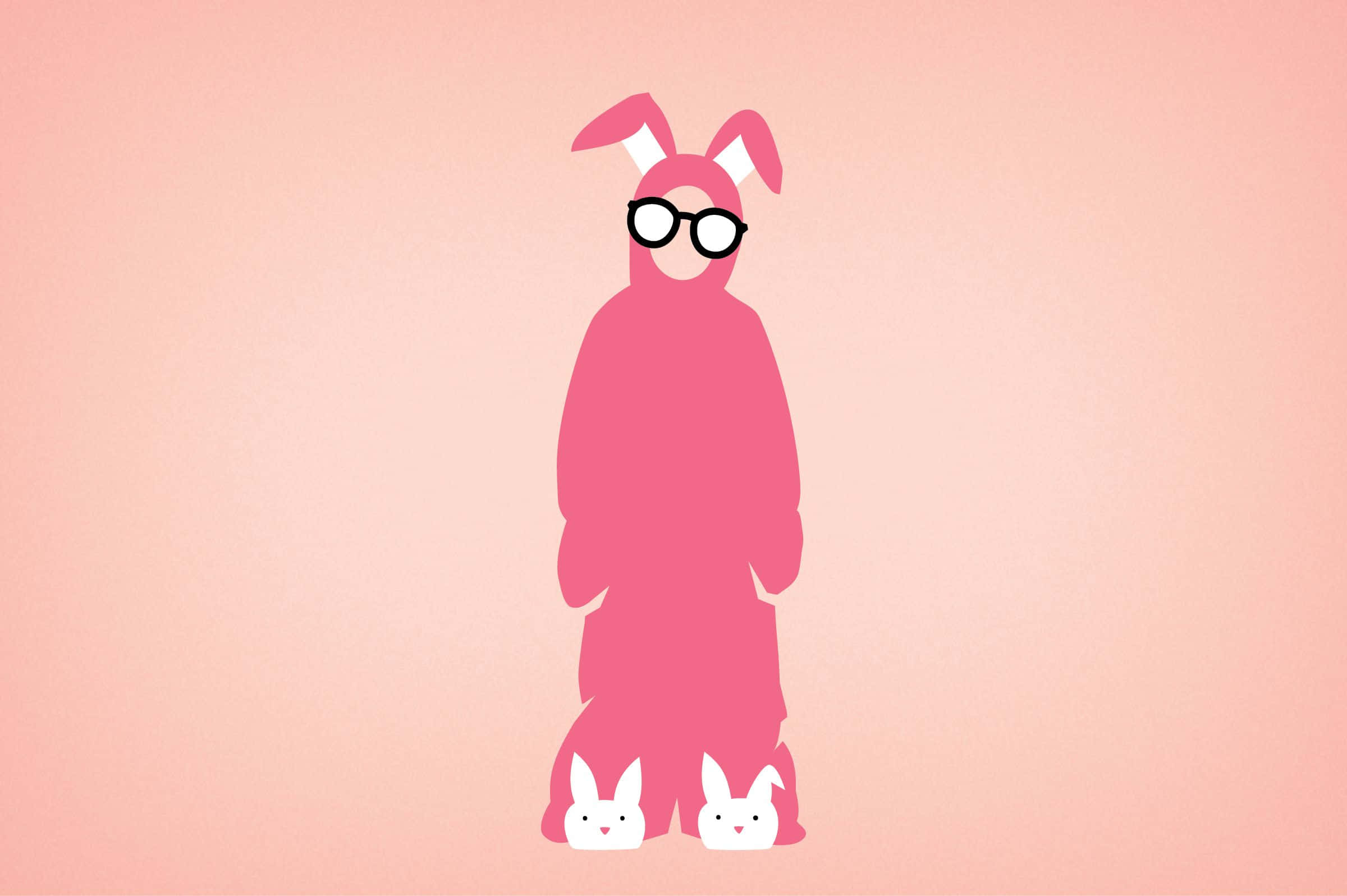 《A Christmas Story》粉紅兔造型向量藝術 壁紙 — 一個戴眼鏡的極簡粉色兔子服裝人物，腳邊有兩隻小白兔，背景是柔和的粉色漸變。