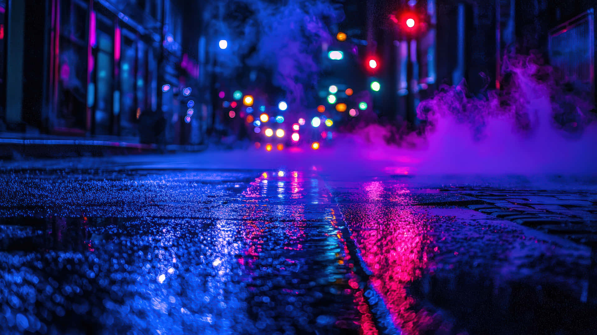 濕漉漉的夜晚城市街道反射出藍色和粉紅色調的霓虹燈和交通信號。