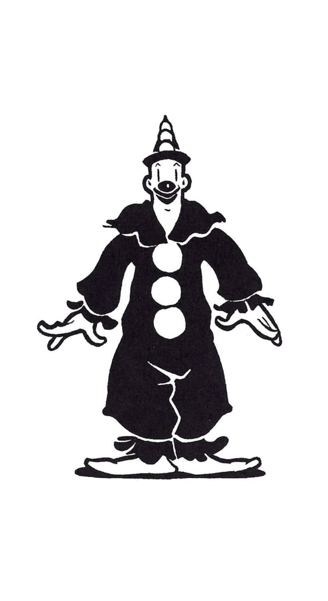  壁紙 — 一個經典黑白線條藝術小丑，戴著尖頂帽子和三個白色鈕扣，張開雙臂站立。