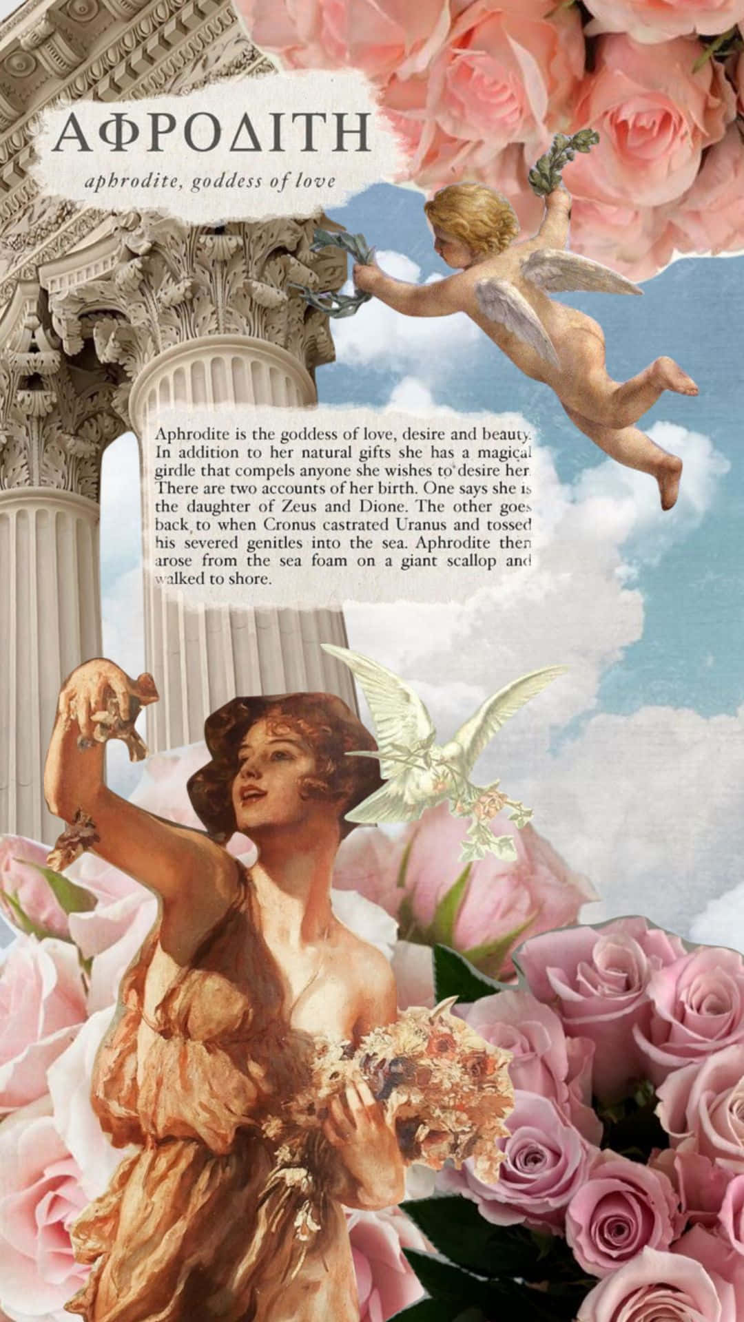  壁紙 — 一位古典女神被粉紅玫瑰和小天使包圍，背景是天空和古柱。