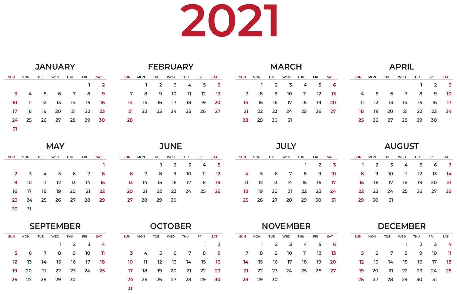 2021年年曆，白色背景上帶有紅色文字
