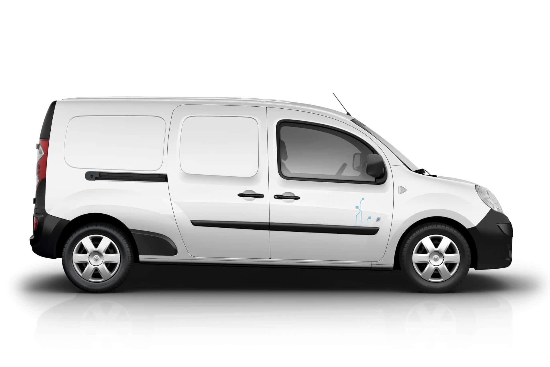 Renault Kangoo 桌布 壁紙 — 一輛乾淨的白色商用貨車在純白色背景上以側面顯示，帶有微妙的陰影和反射。