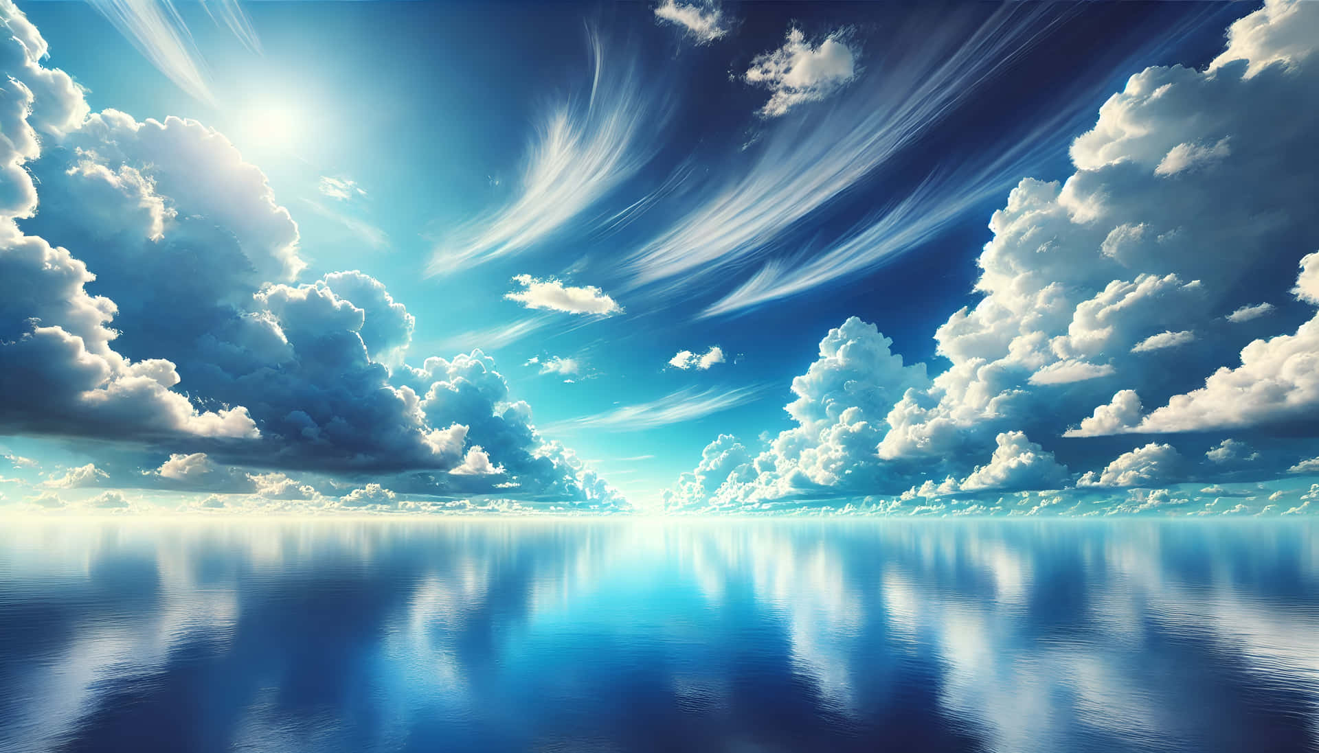 陽光照耀的天空，雲朵倒映在平靜的海面上