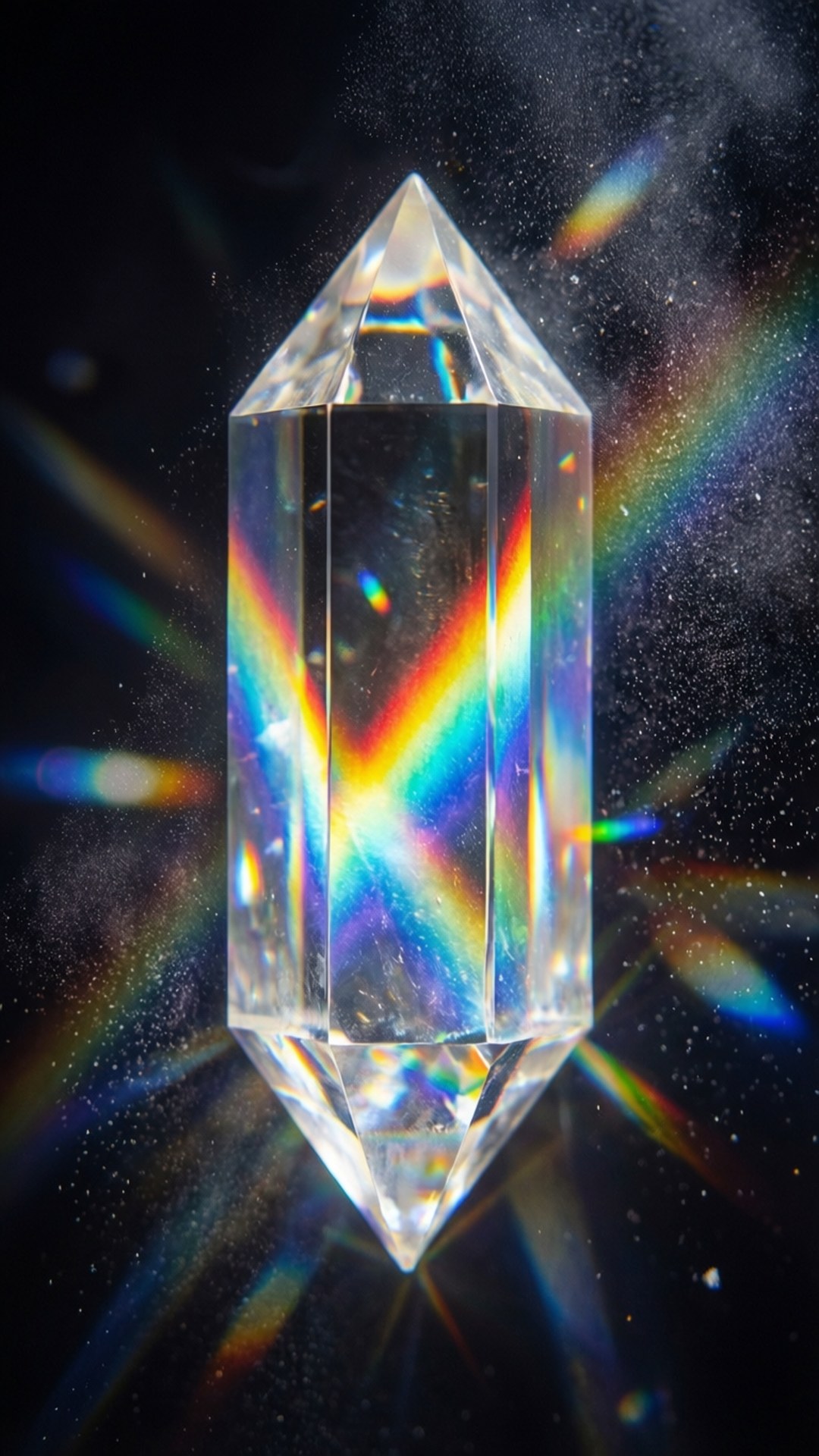 透明水晶棱鏡在黑暗的宇宙環境中折射彩虹光。
