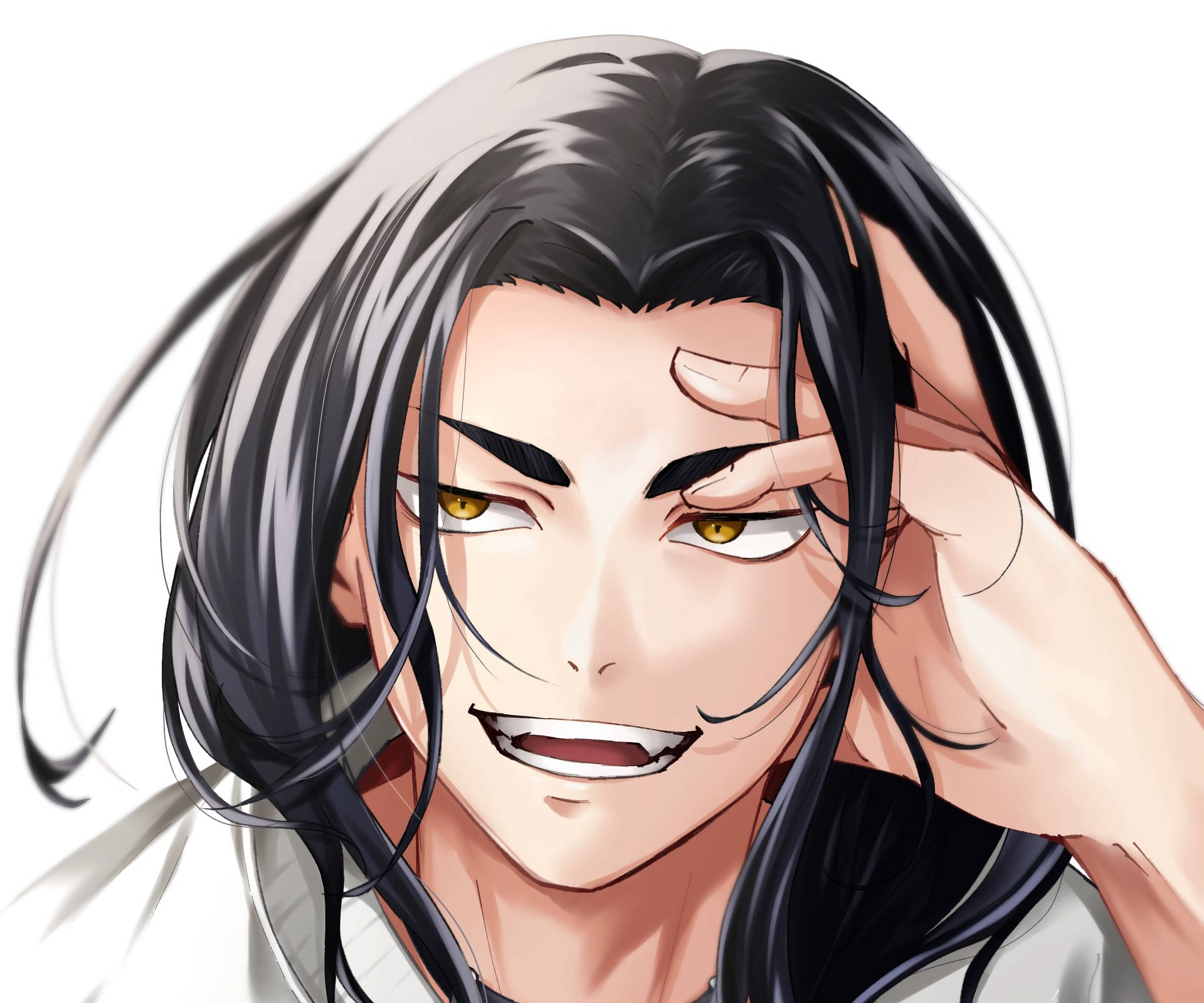 黑髮金眼睛的動漫男性角色微笑著觸碰額頭。