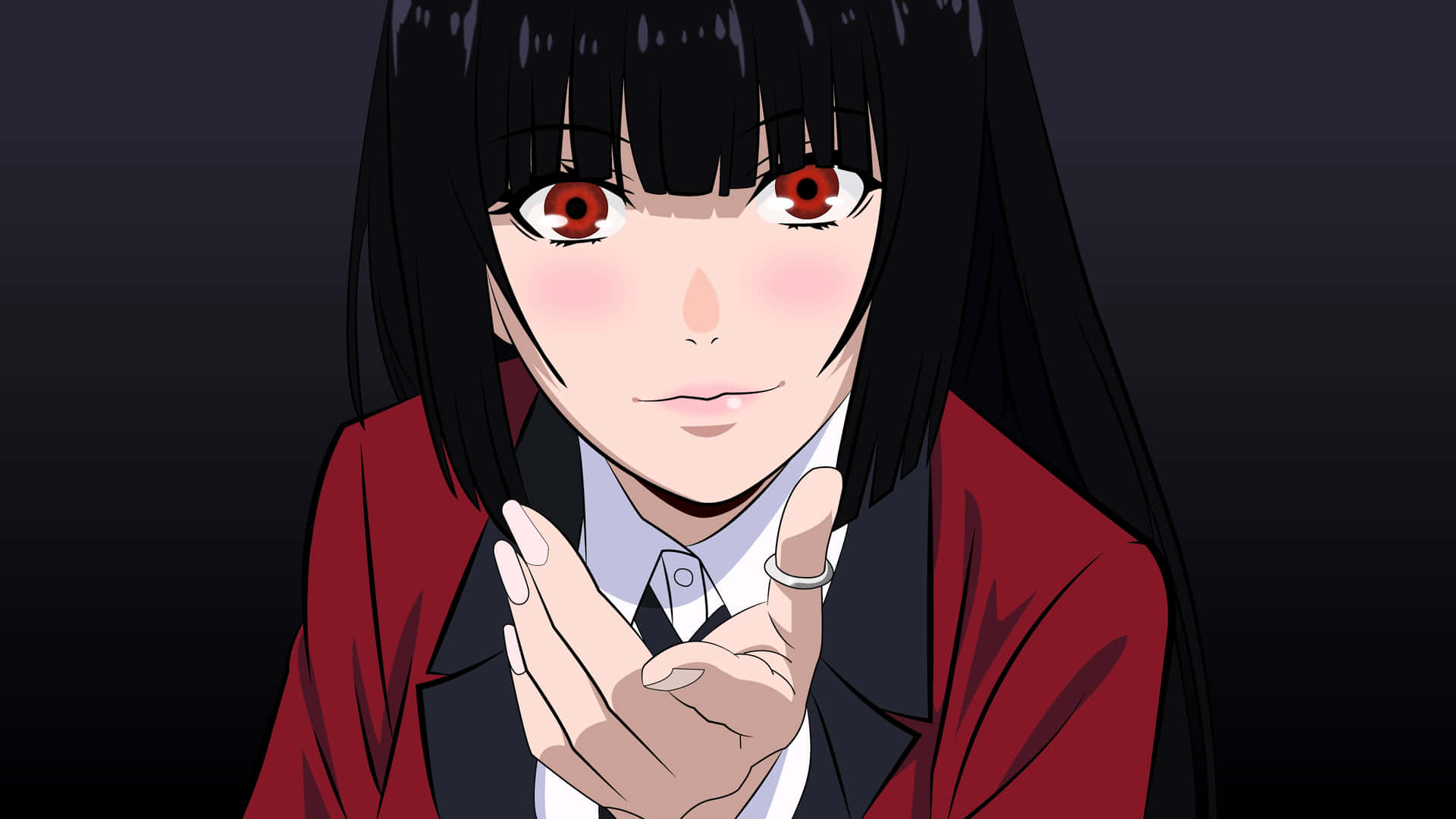  壁紙 — 一個黑髮紅眼嘅動漫女仔近鏡，著住紅色西裝外套，做出手指槍手勢。