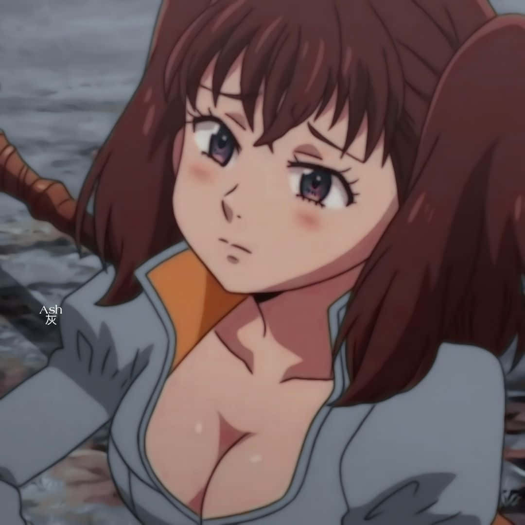 Seven Deadly Sins Diane 桌布 壁紙 — 一個特寫的動漫女孩，棕色頭髮和紫色眼睛，在模糊的岩石背景下帶著堅定的表情向上看。