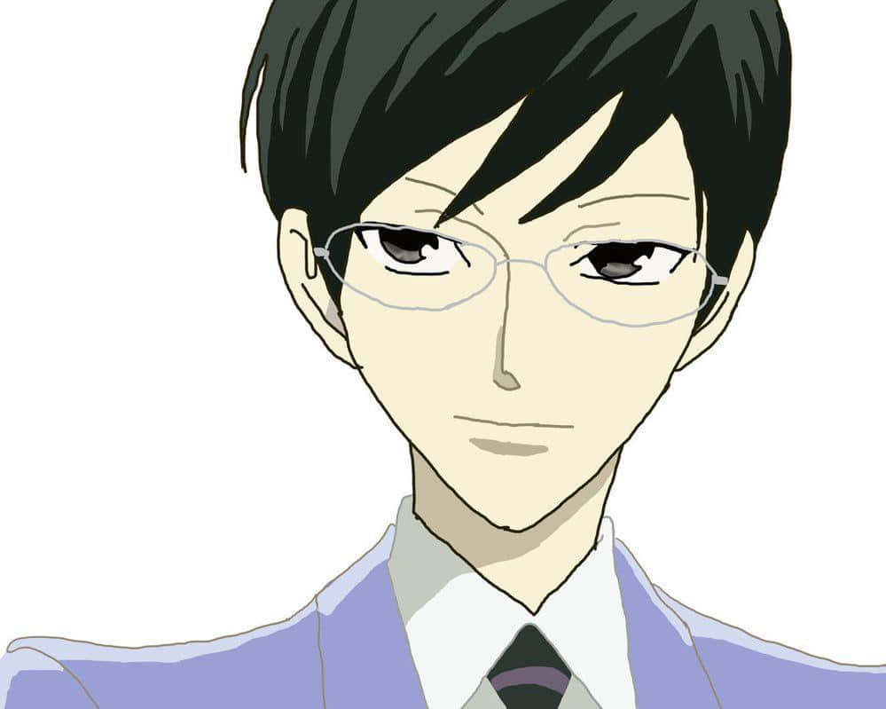 Kyoya Ootori 桌布 壁紙 — 一個年輕黑髮戴眼鏡男子穿著薰衣草色西裝的動畫特寫肖像，背景為純白色。