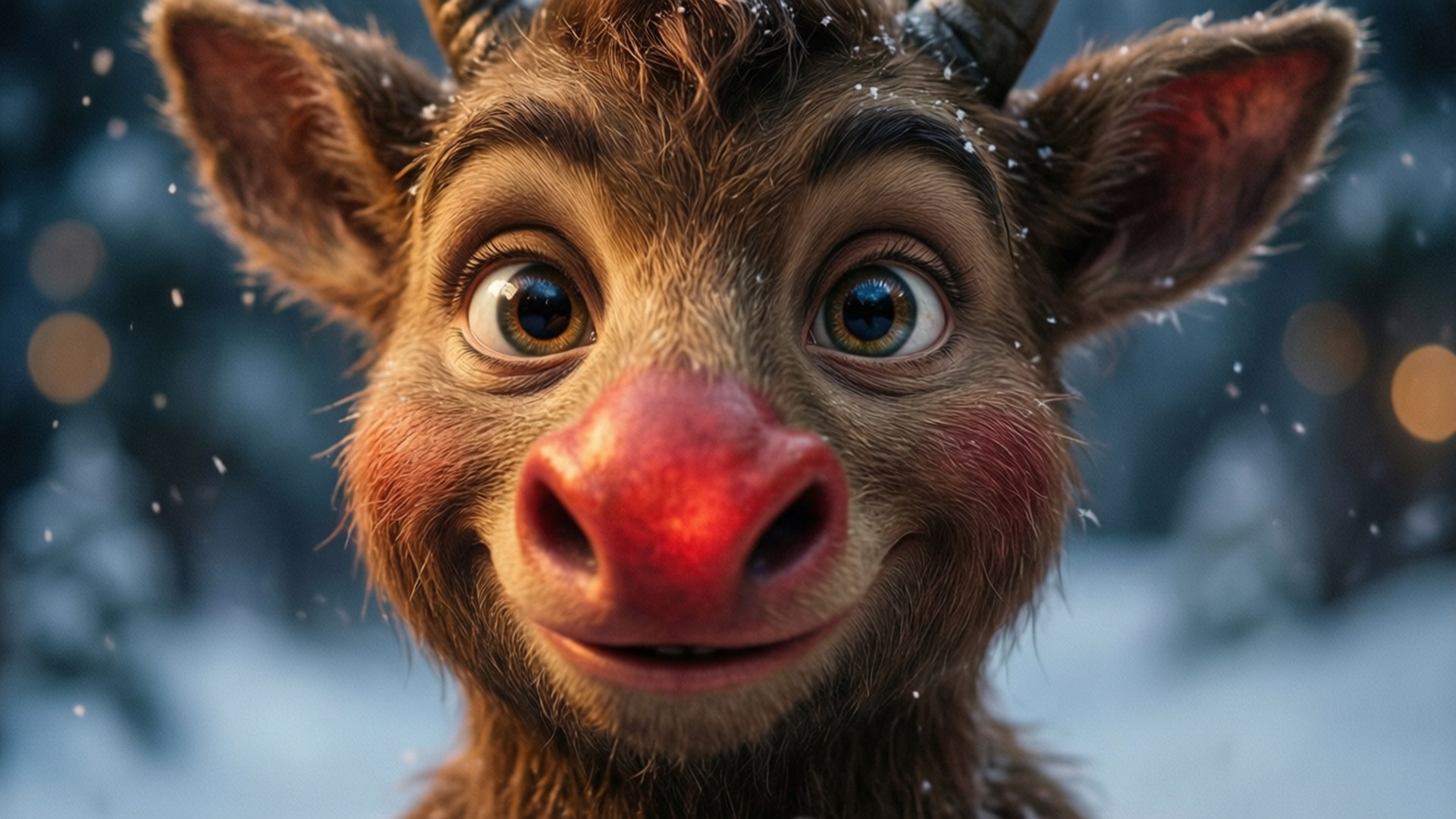 Rudolph The Red Nosed Reindeer 桌布 壁紙 — 冬季森林中，一隻紅鼻子的快樂卡通馴鹿特寫，雪花飄落。