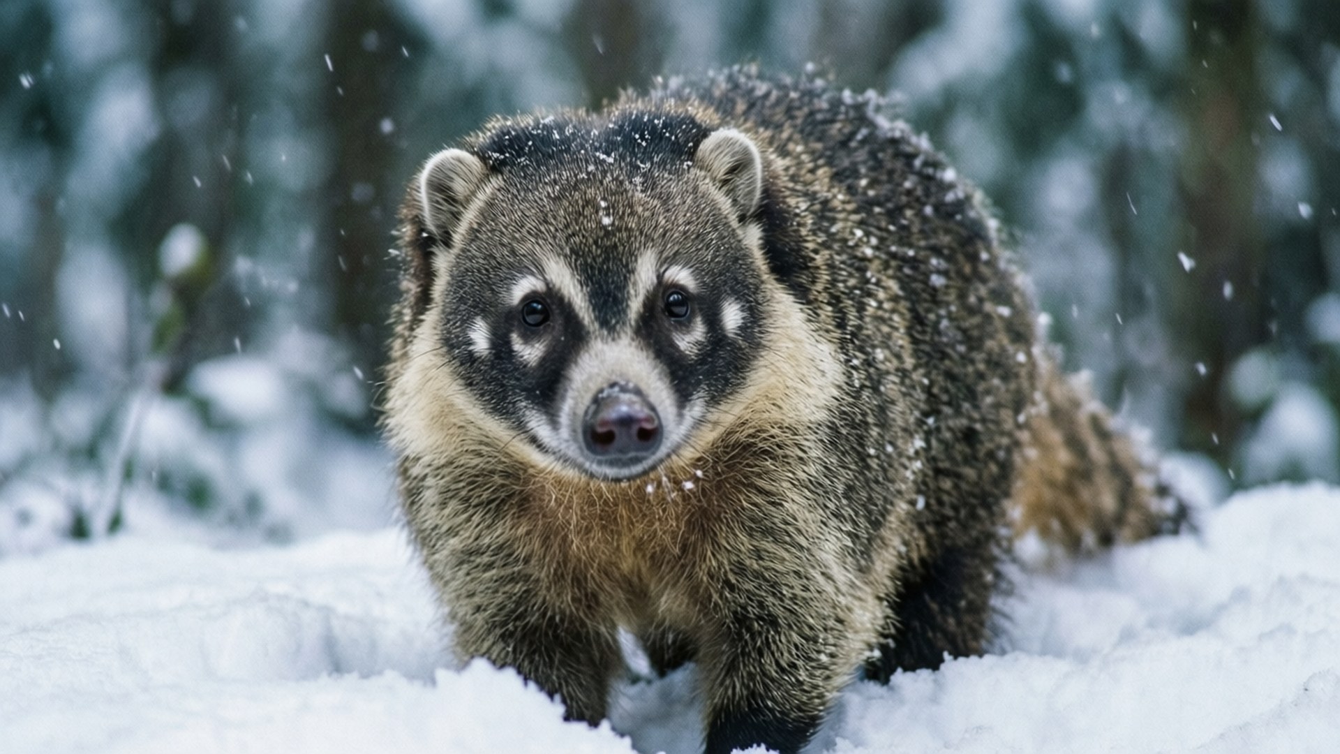 Coati 桌布 壁紙 — 一隻長鼻浣熊站在森林中剛下的雪上，雪花在牠周圍飄落的特寫。