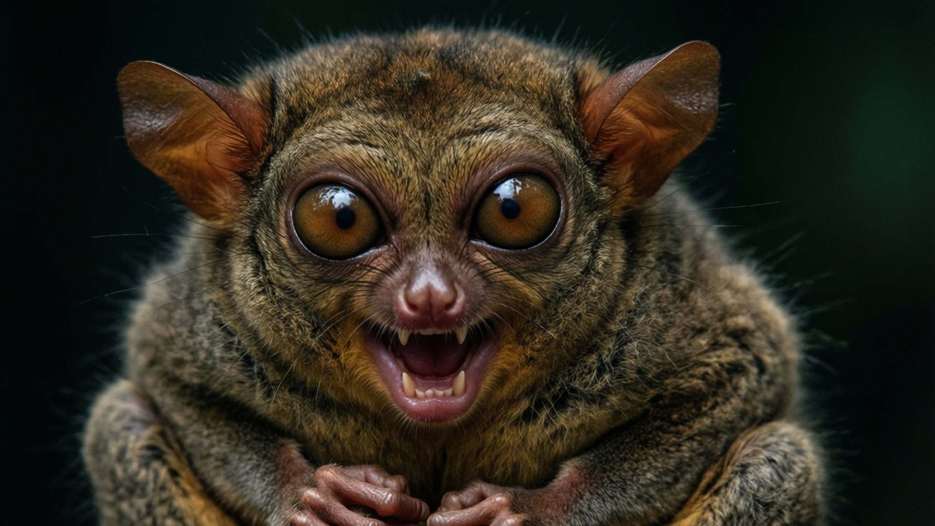 Tarsier 桌布 壁紙 — 眼鏡猴嘅特寫，有巨大圓眼同張開嘅嘴露出牙齒，背景係黑色。
