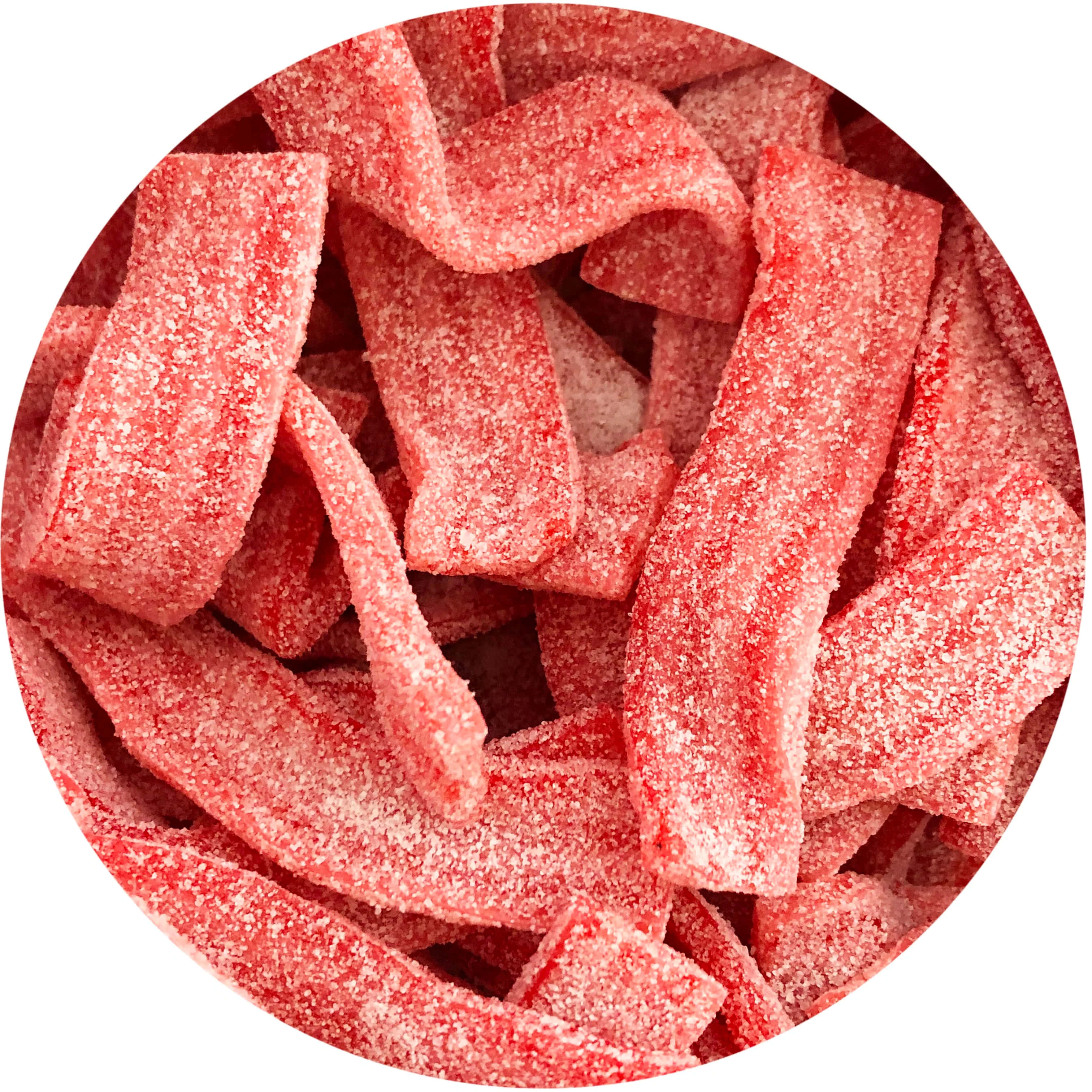 Pink Candy 桌布 壁紙 — 圓形框架內堆疊的糖漬紅色水果皮革條的特寫。