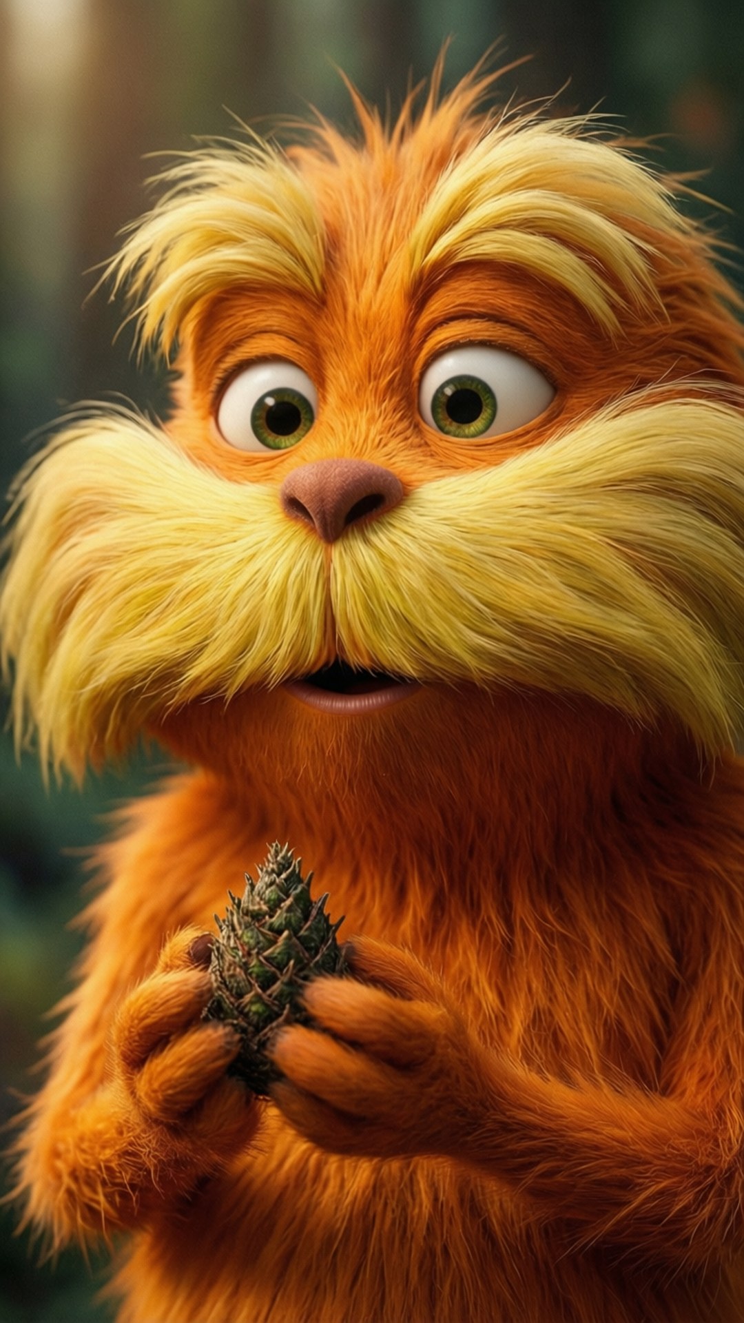 Lorax 在森林中拿著松果，睜著好奇的大眼睛。