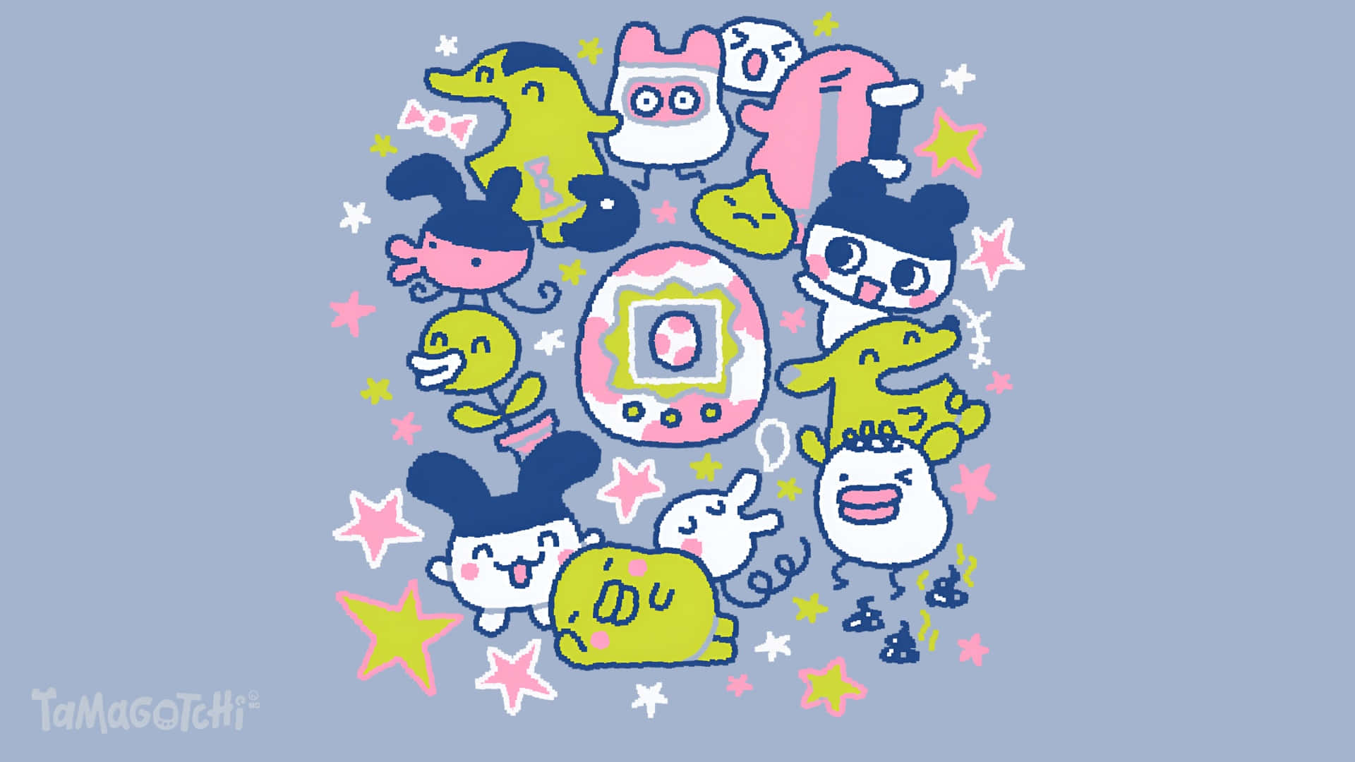 壁紙 — 一群色彩繽紛的Tamagotchi角色，星星在它們周圍漂浮在柔和的藍色背景上。