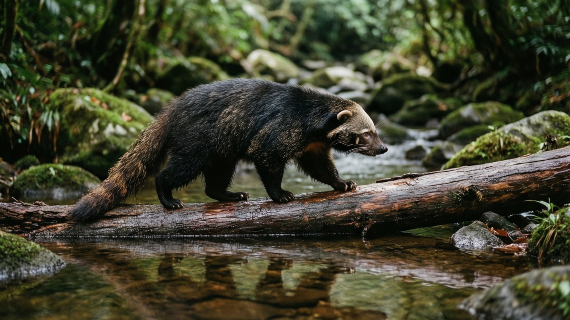 Binturong 桌布 壁紙 — 一隻長鼻浣熊正在穿越一條橫跨清澈森林溪流、長滿苔蘚的圓木，周圍環繞著茂密的綠色植物。