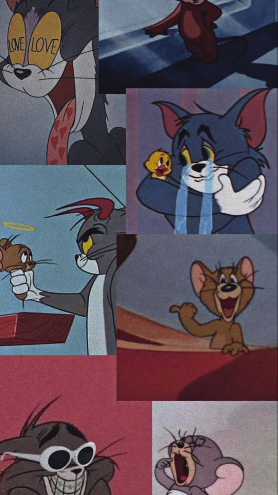 Tom and Jerry 在有趣和情感時刻的經典卡通拼貼畫。