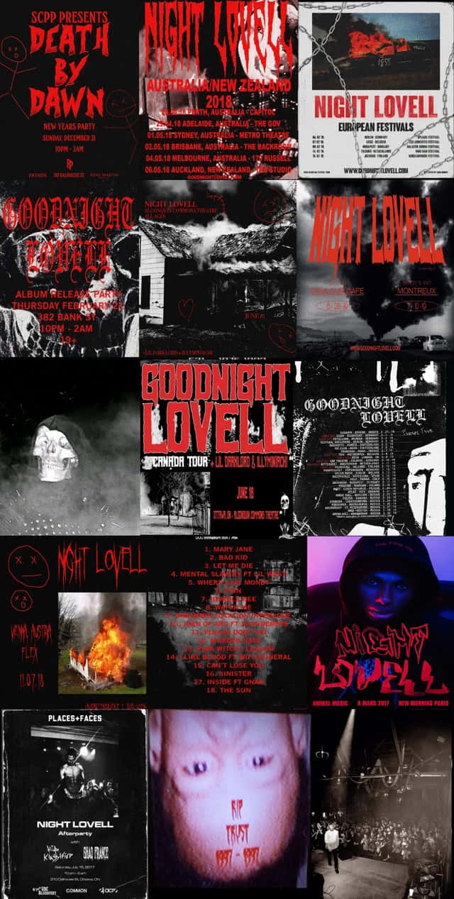  壁紙 — Night Lovell 的黑暗哥德式音樂會海報拼貼，特色是黑色背景上的紅色文字、怪異圖像和活動詳情。