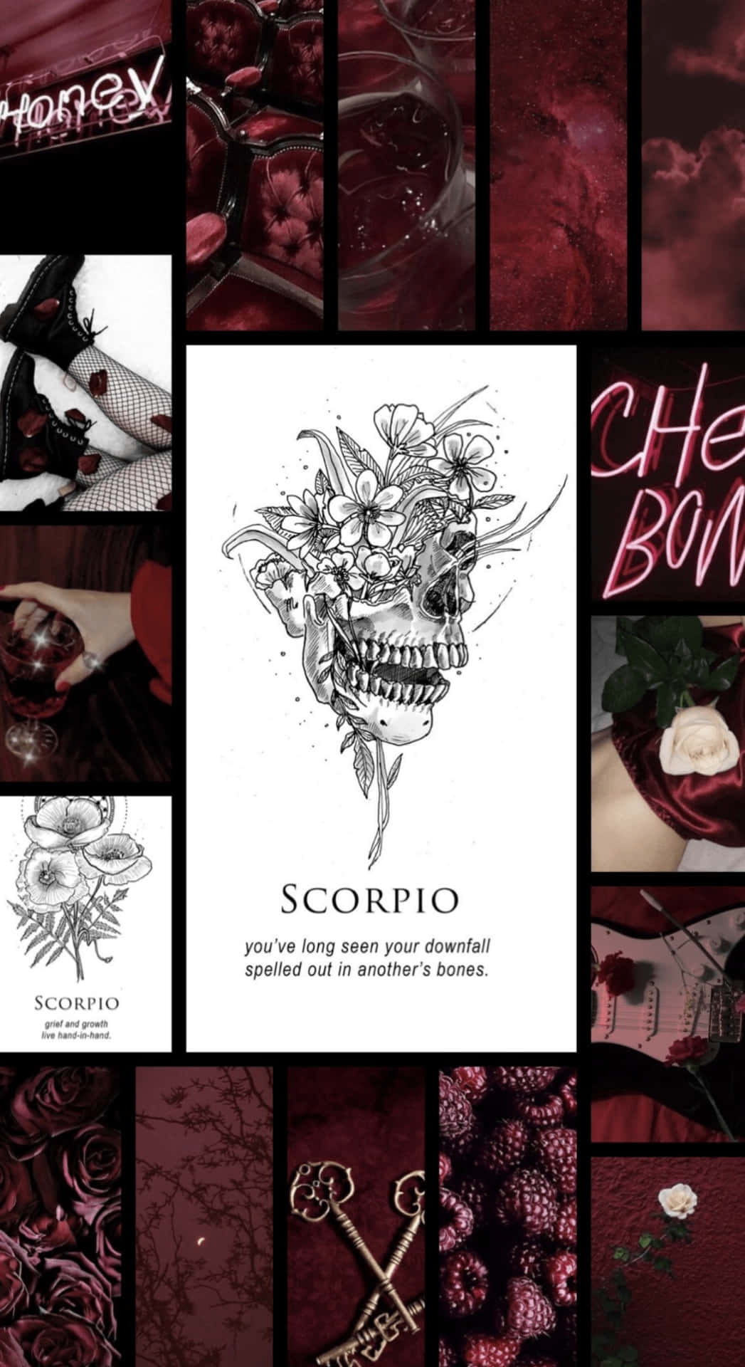  壁紙 — 一幅深紅色圖像拼貼，包含花卉骷髏、玫瑰、酒杯和帶有「SCORPIO」字樣的霓虹燈牌，置中。