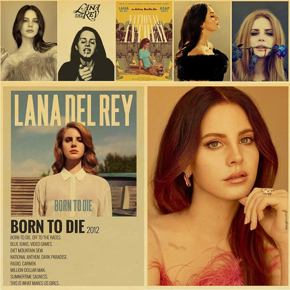  壁紙 — Lana Del Rey 的拼貼畫，採用復古風格肖像，帶有玫瑰圖案和專輯藝術，呈現溫暖色調和電影般的燈光。