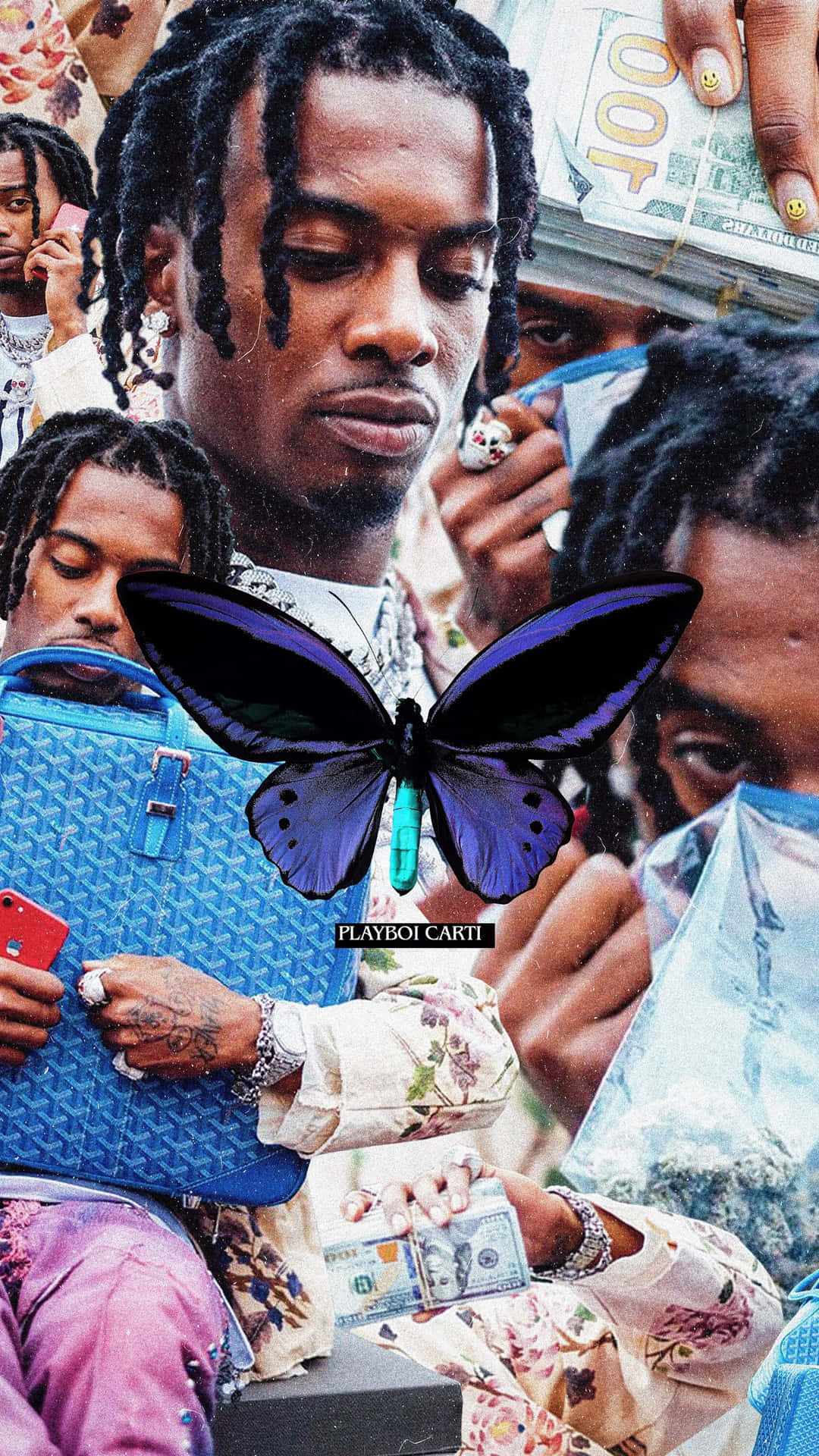 Playboi Carti肖像，帶有紫色蝴蝶疊加效果和奢華物品。 — 唯美蝴蝶動圖 壁紙