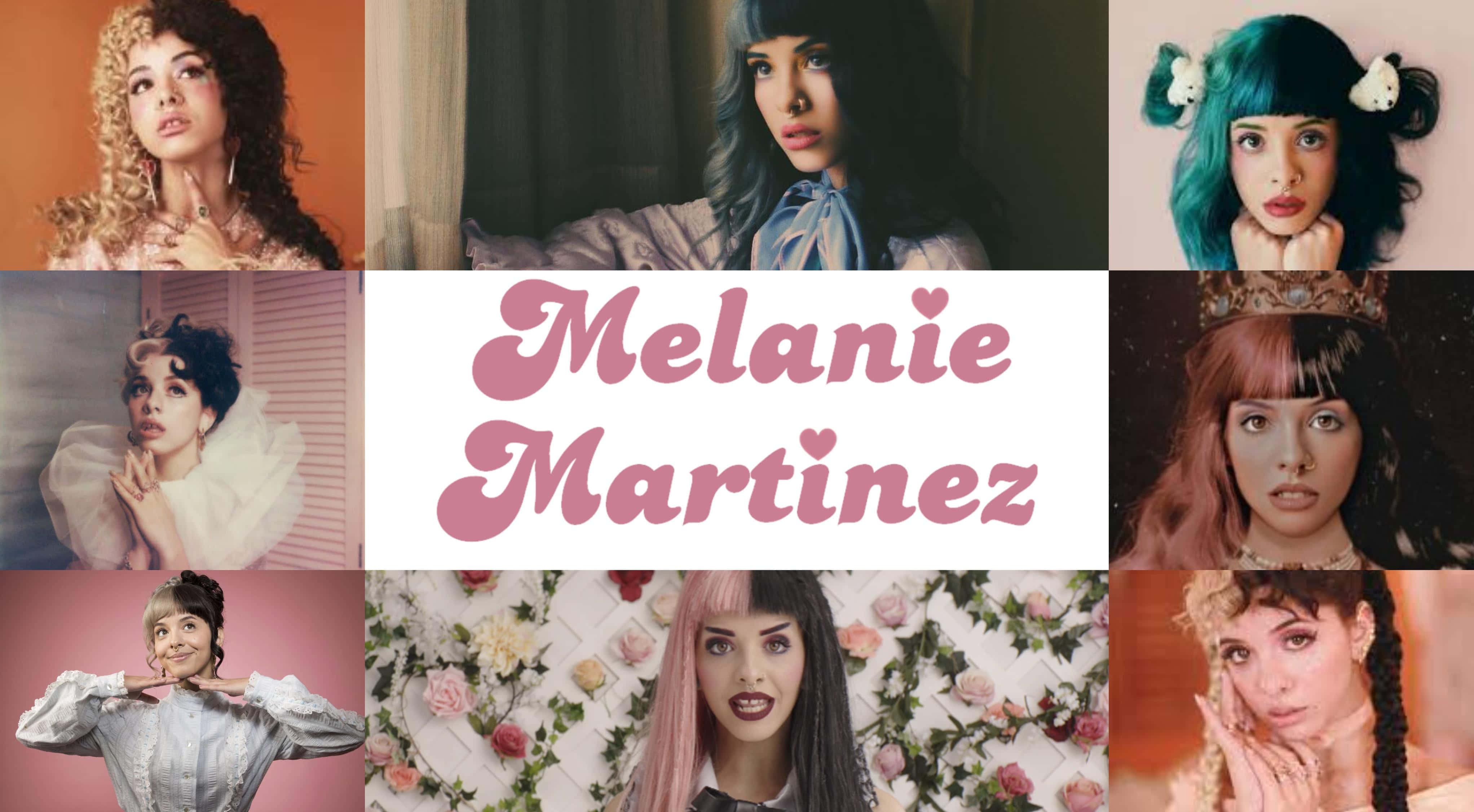 Melanie Martinez 桌布 壁紙 — Melanie Martinez 嘅拼貼畫，包含多個風格化肖像，帶有戲劇化妝容同色彩繽紛嘅頭髮，襯托主題背景。