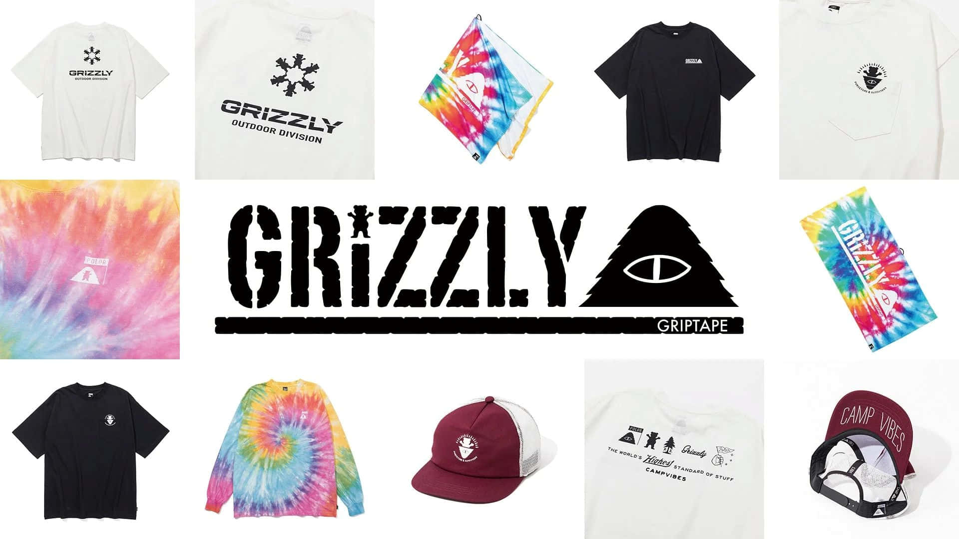  壁紙 — 一系列Grizzly品牌服裝和配件，採用紮染圖案和極簡標誌，置於潔白背景上。