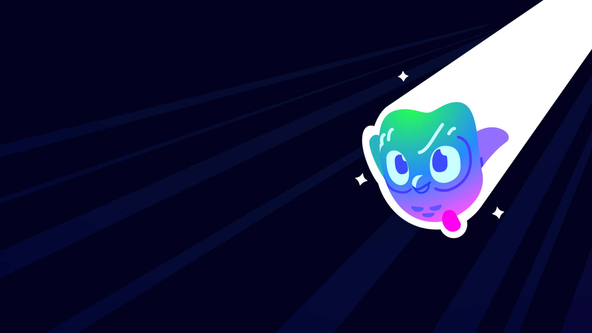  壁紙 — 一個色彩繽紛的卡通生物在深藍色空間中飛馳，留下一條帶有閃爍星星的明亮白色軌跡。