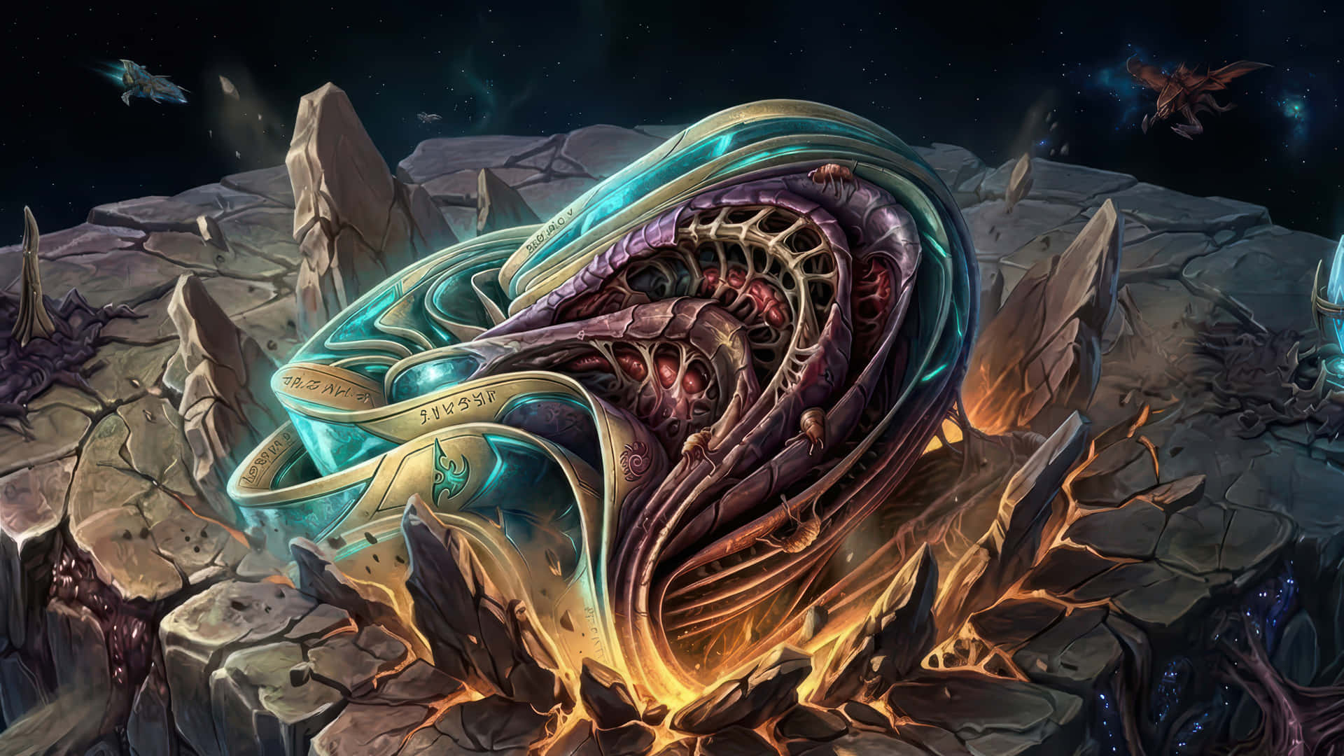 星海爭霸光暈模組化桌面壁紙增強版 壁紙 — 一條巨大的外星蛇，帶有發光的青綠色和紫色鱗片，在星空下蜿蜒穿過破碎的岩石景觀。