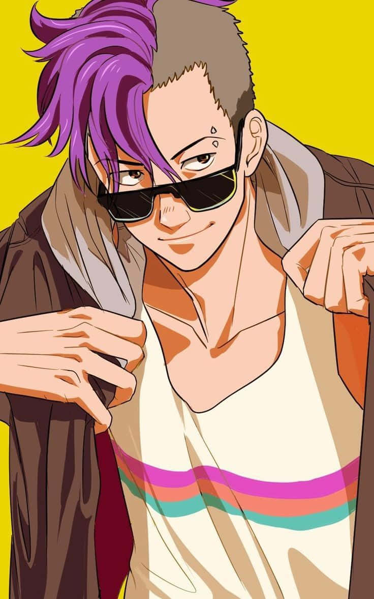  壁紙 — 一個自信的動漫男仔，紫色頭髮戴住太陽眼鏡，喺鮮黃色背景前擺甫士。