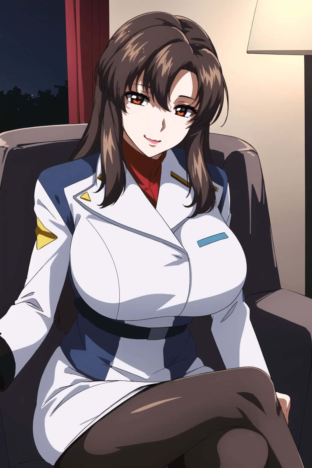  壁紙 — 一位自信的動漫女性穿著白色制服，在溫暖的室內燈光下放鬆地坐在椅子上。
