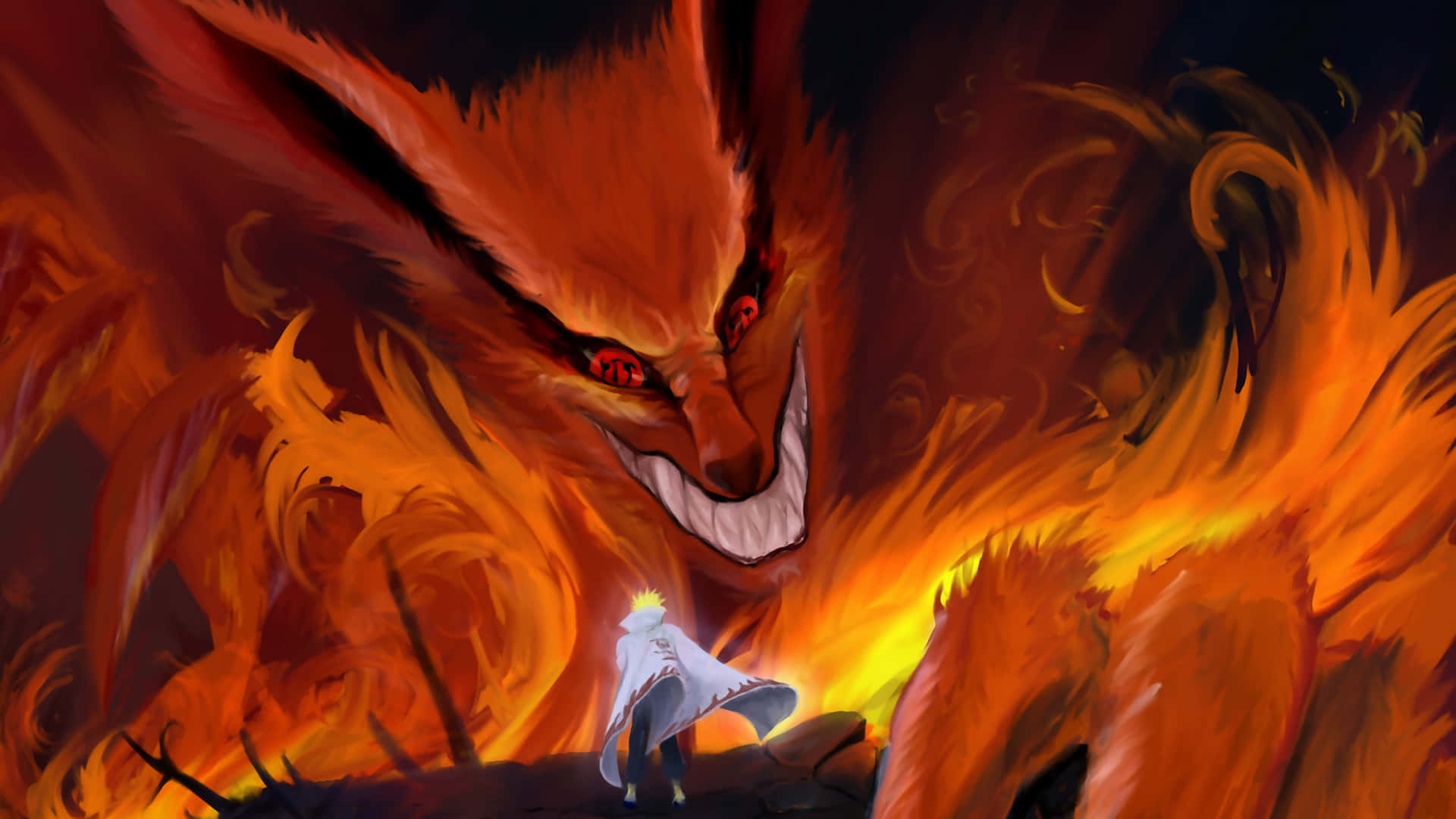 A cool and mysterious anime fox overlooking the valley 壁紙 — 一個細小身影站在一隻巨大、燃燒的九尾狐面前，狐狸的眼睛發出紅光，場景黑暗而激烈。