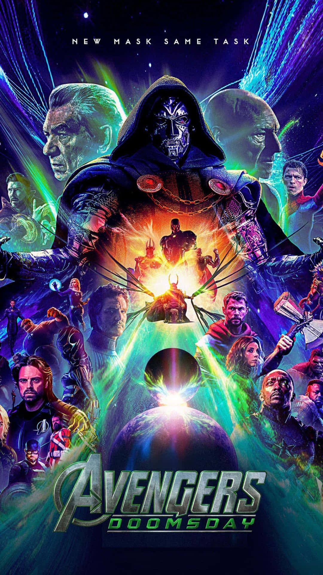  壁紙 — 一場宇宙戰鬥場景，以末日博士為中心，被復仇者聯盟角色包圍，背景是充滿活力的紫綠色星空。