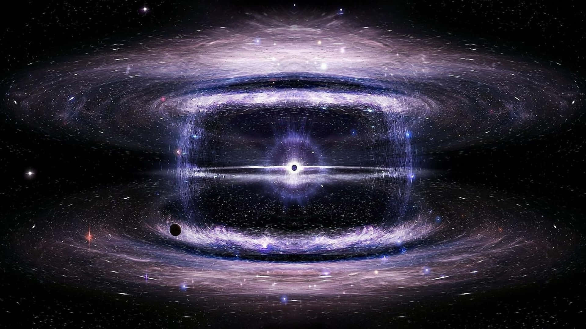 深空中帶有發光吸積盤和旋轉紫色星雲的黑洞。