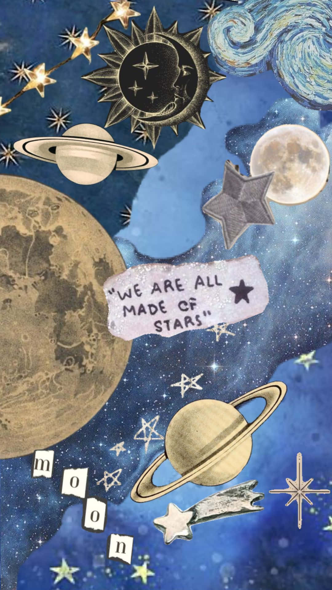  壁紙 — 一個宇宙拼貼，包含土星的衛星、星星和太陽與月亮的混合體，並附有「我們都是由星星組成的」這句話。